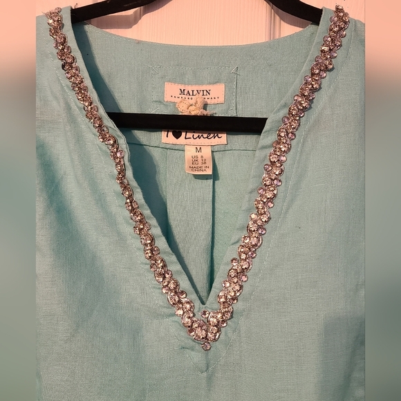 Malvin Blue Jewel Embellished Linen Tunic size 8 M - Picture 2 of 6